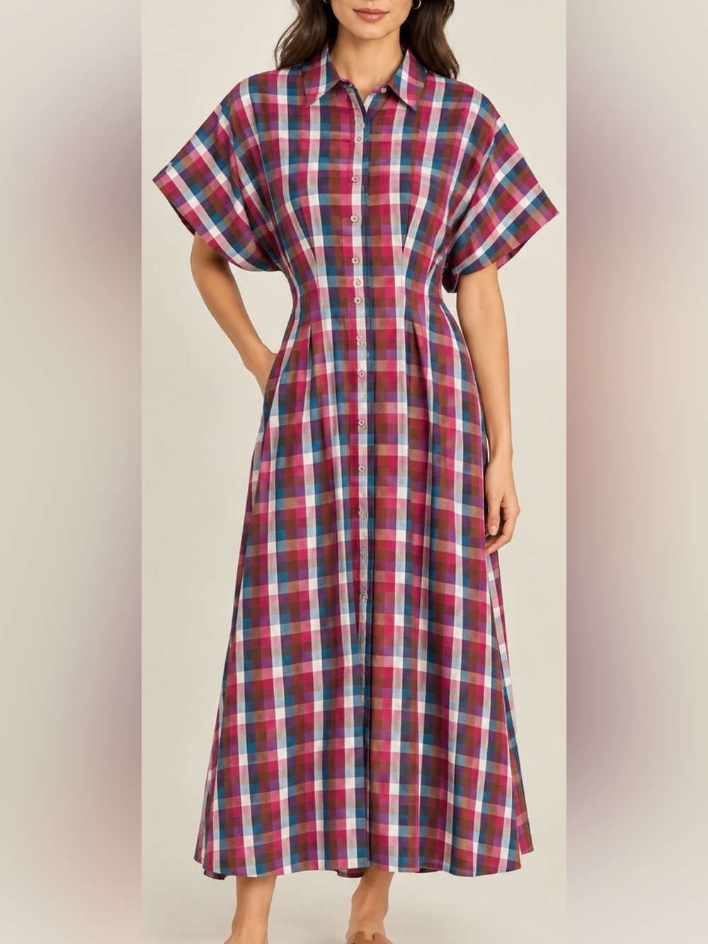 Anthropologie Exquise Dominique Plaid Gingham Midi Shirt Dress XS Raspberry